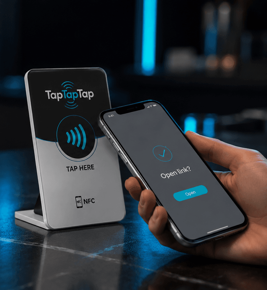 Hand holding a smartphone near a TapTapTap NFC sign