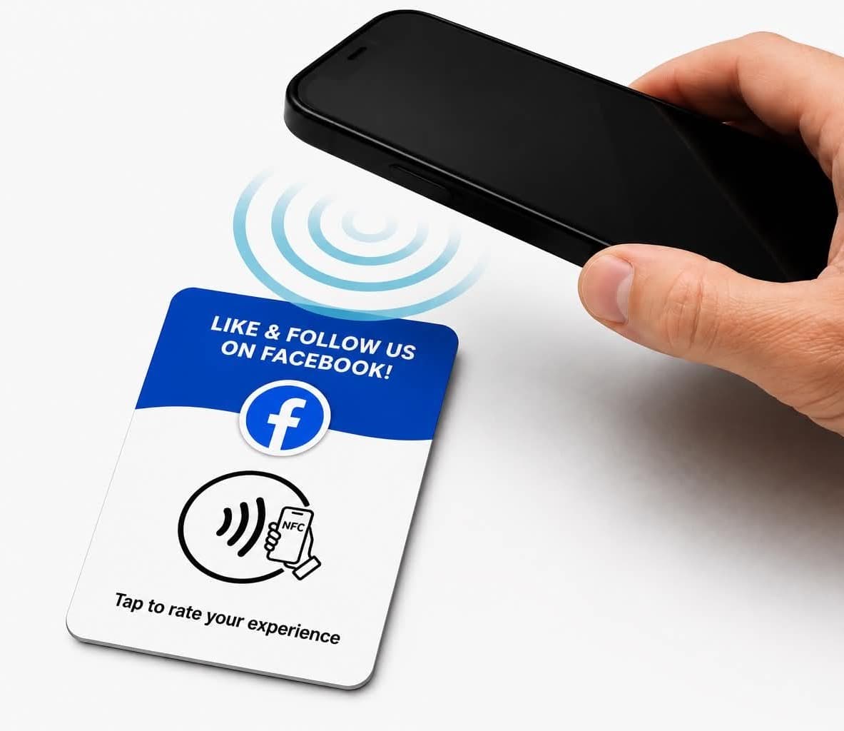 Hand holding a smartphone near a TapTapTap NFC sign